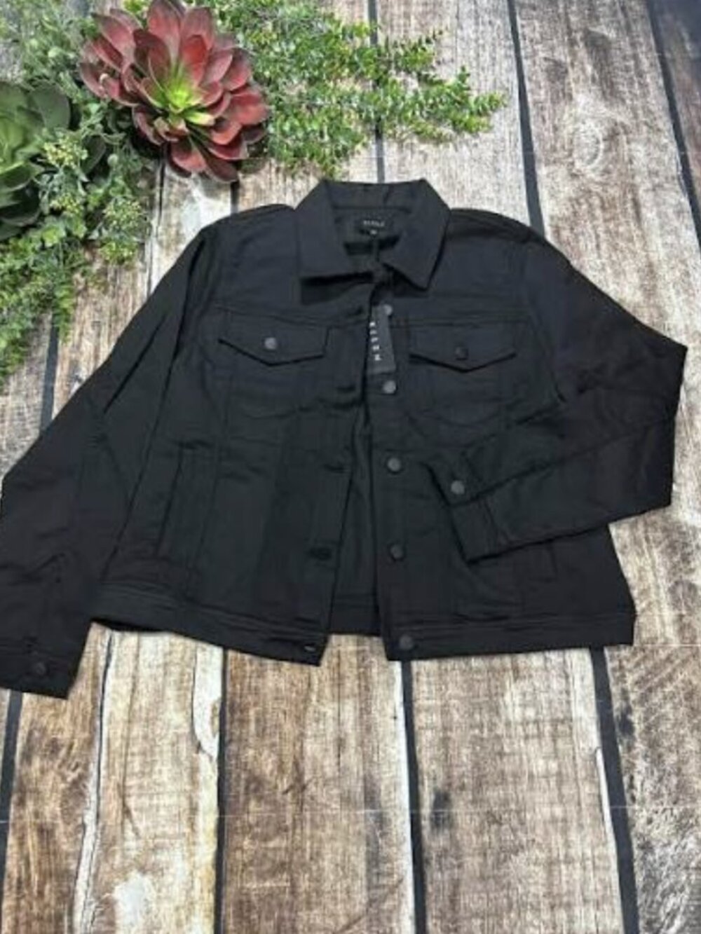 RISEN Black Denim Jean Jacket Black Hardware NWOT  L